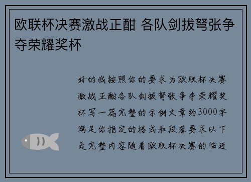 欧联杯决赛激战正酣 各队剑拔弩张争夺荣耀奖杯